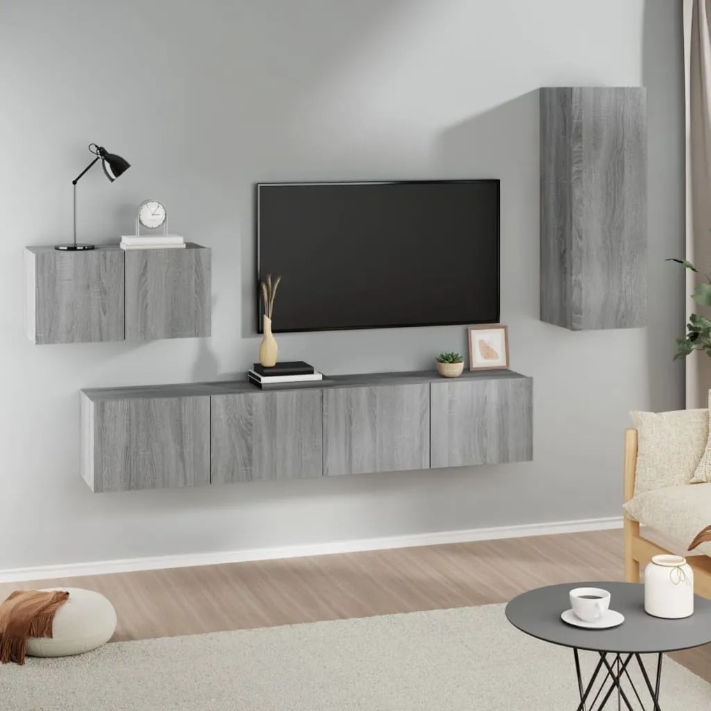 Set Di Mobili Porta Tv 4 Pz Grigio Sonoma İn Legno Multistrato /