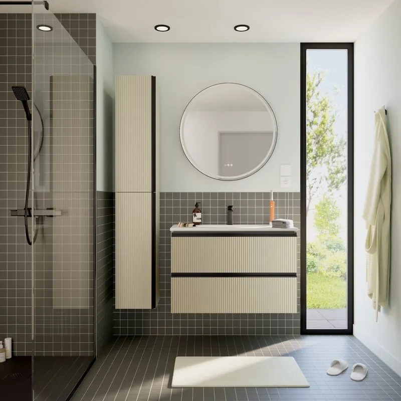Mobile bagno sospeso con lavabo Studio L 90 x H 58 x P 48.1 cm beige cannettato in mdf 2 cassetti per vasca centrale