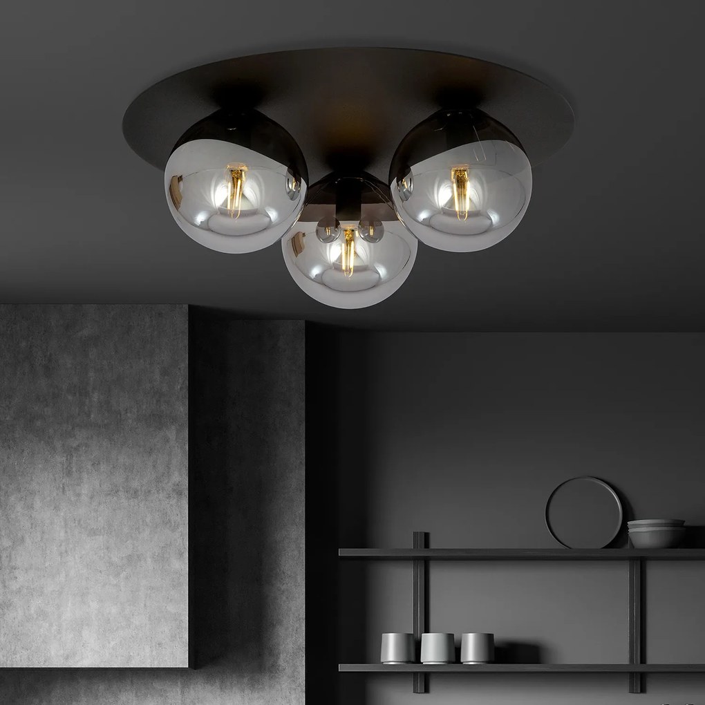Plafoniera Minimal 3 Luci Mnemosine In Acciaio Nero E Sfere Di Vetro Fumè