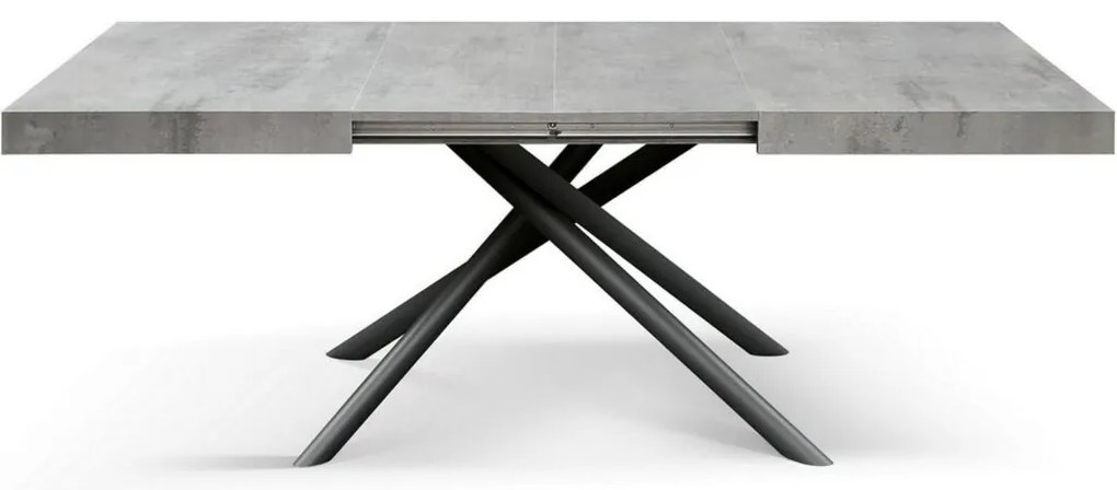 Tavolo CARRARA in legno, finitura grigio cemento e base in metallo verniciato antracite, allungabile 160×90 cm – 240×90 cm
