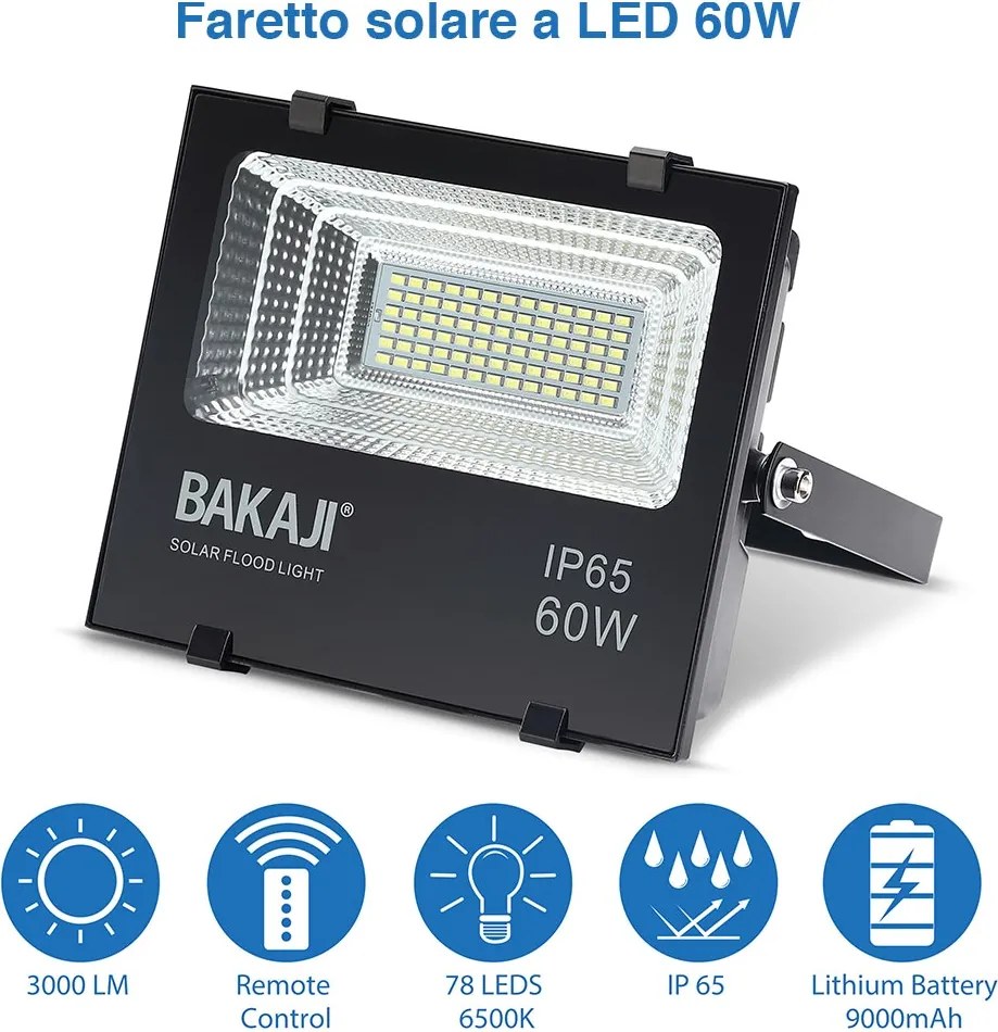 Faro LED 60W con Pannello Solare Luce Esterno Alta Luminosita 600lm + Telecomand...