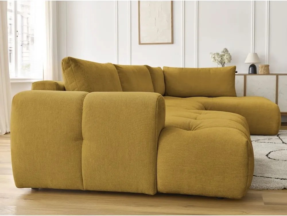 Divano angolare color senape allungabile e con contenitore (penisola a destra/a U) con rivestimento in ciniglia Fuji – Bobochic Paris