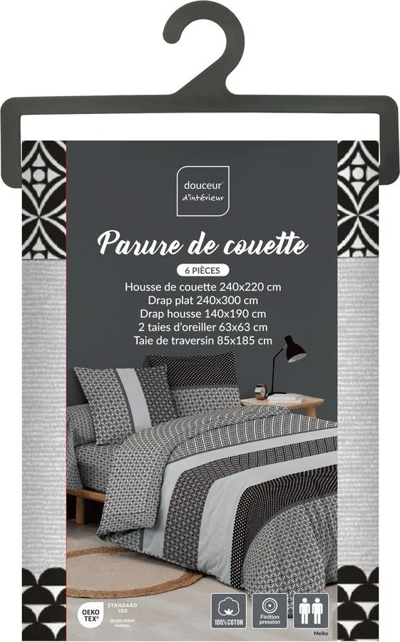 Set copripiumino e federa bianco e nero in cotone per letto matrimoniale ed esteso con lenzuolo incluso/6 pezzi 240x220 cm Meiko – douceur d'intérieur
