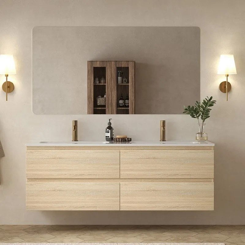 Mobile bagno 140 cm 4 cassetti doppio lavabo legno chiaro | KAM-HR140C - KAMALU