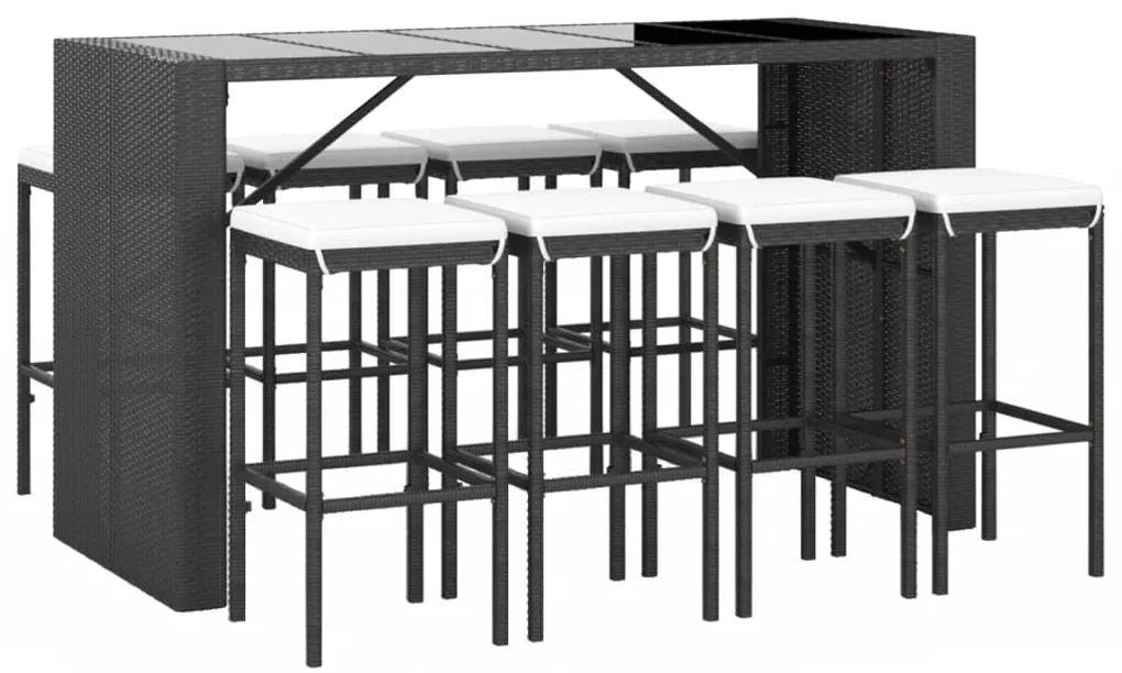 Set bar da giardino 9 pz con cuscini in polyrattan nero