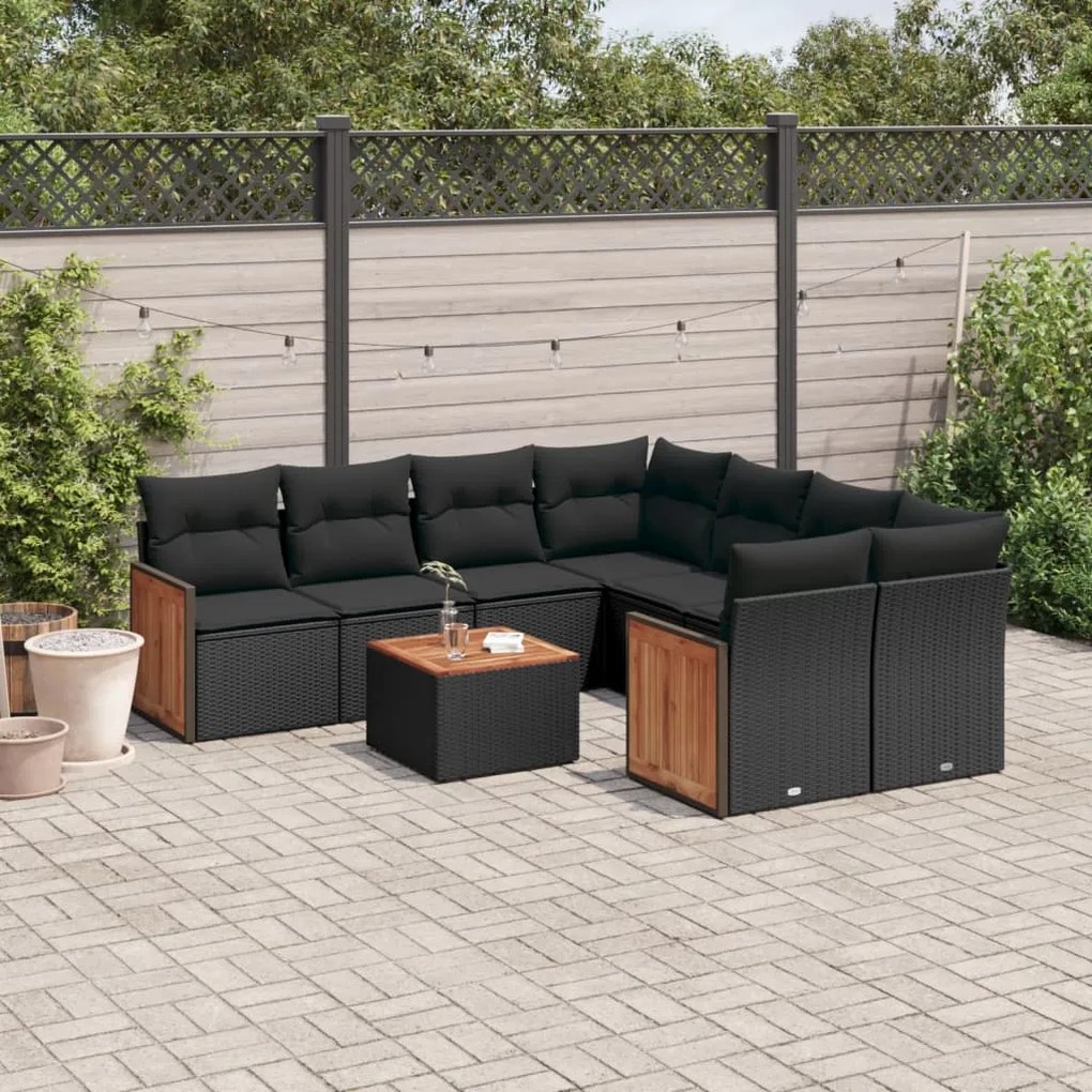 Set divani da giardino 9 pz con cuscini nero in polyrattan