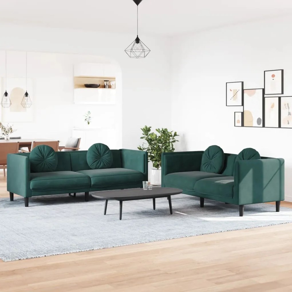 Set Di Divani 2 Pz Con Cuscini Verde Scuro İn Velluto /
