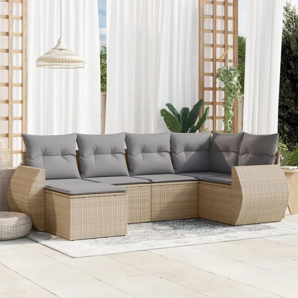 Set divano da giardino 6 pz con cuscini beige in polyrattan