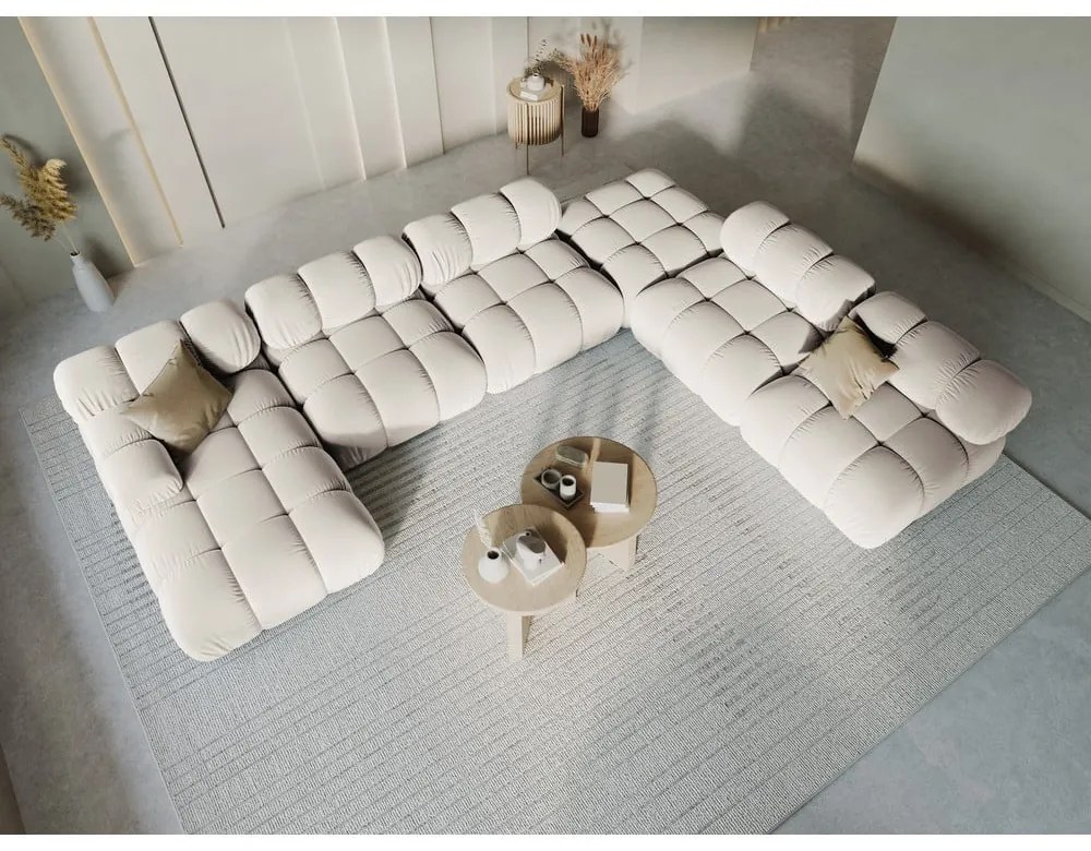 Divano angolare componibile beige (con penisola a destra/a U) con rivestimento in velluto Bellis – Micadoni