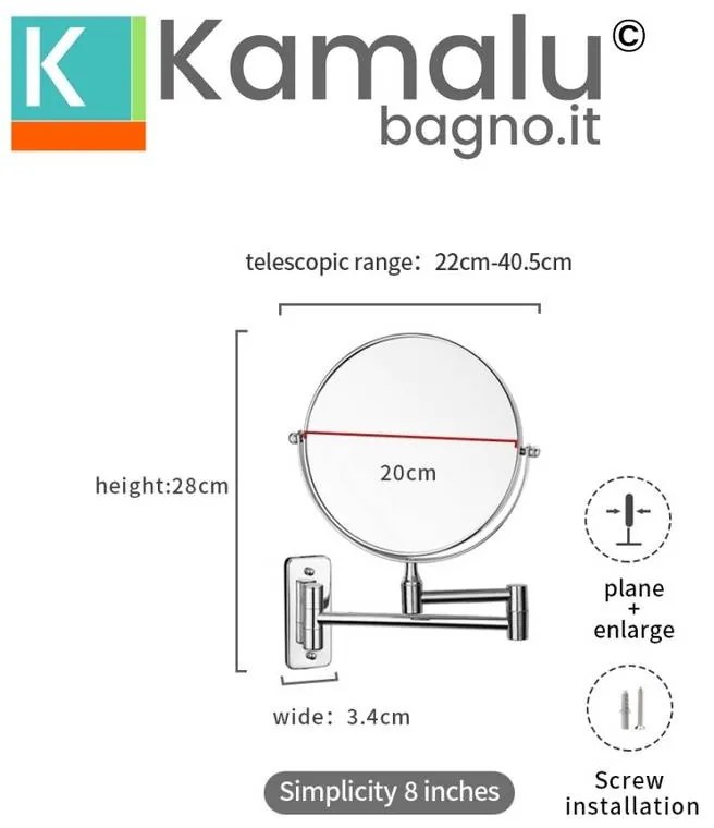 Kamalu - specchio ingranditore a doppio lato con braccio estendibile finitura lucida |