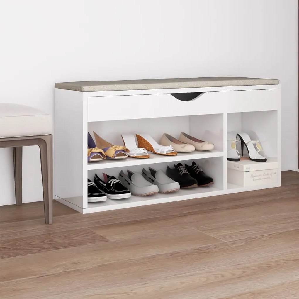 Panca Porta Scarpe Cuscino Bianco Lucido 104x30x49 Multistrato /
