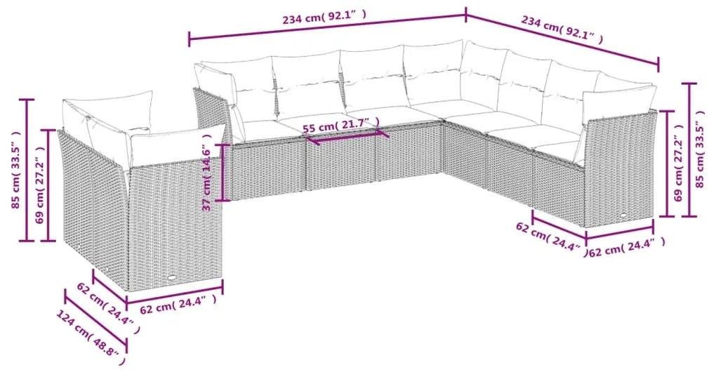 Set divano da giardino 9 pz con cuscini grigio in polyrattan