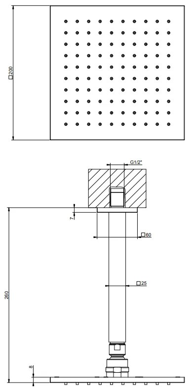 Soffione Doccia 20x20 quadro orientabile con braccio a Soffitto Cromo Gessi Emporio 47374