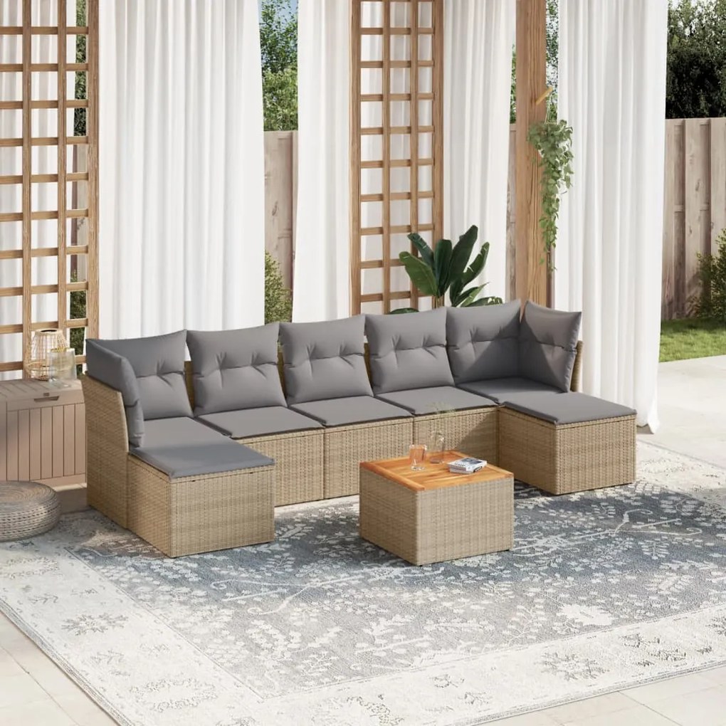 Set divano da giardino 8 pz con cuscini beige misto polyrattan