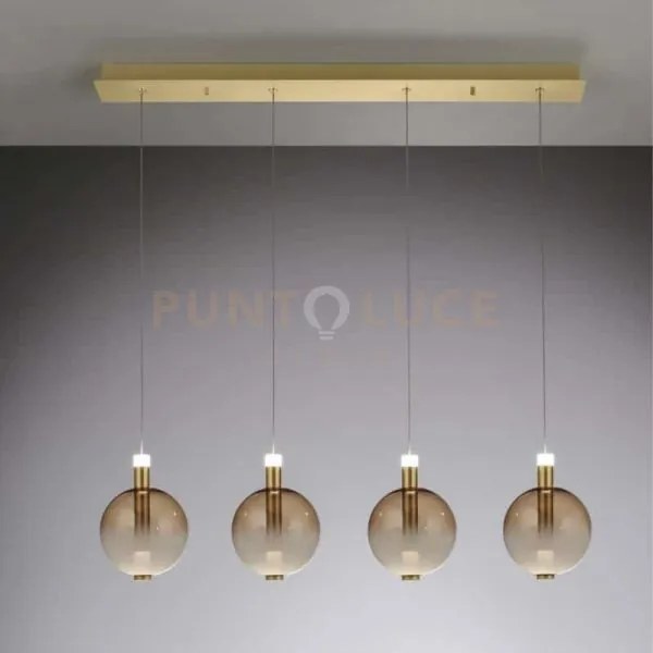 Aurora - lampada a sospensione, tubo oro satinato con 4 vetri ambra...
