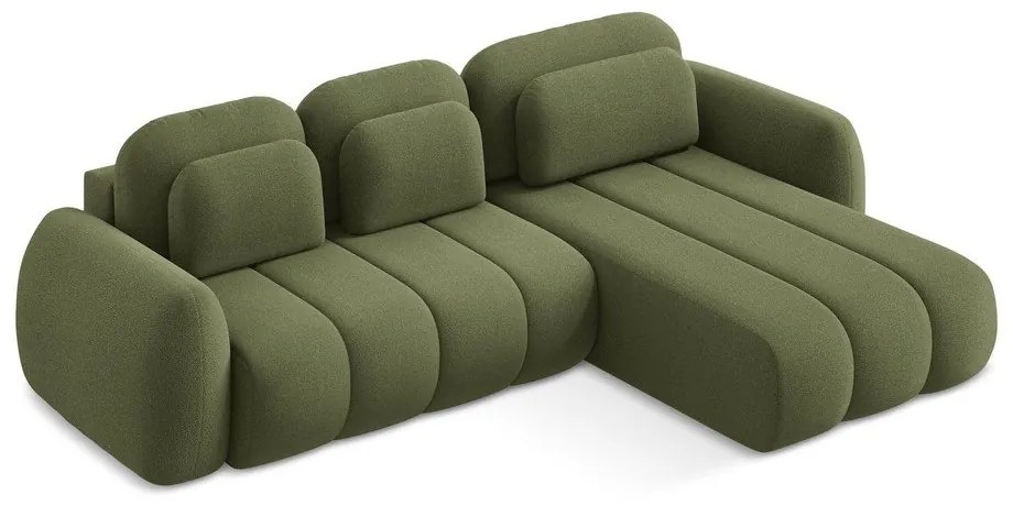 Divano angolare verde allungabile/con contenitore (con penisola a destra/con chaise lounge) con rivestimento in bouclé Pele – Makamii