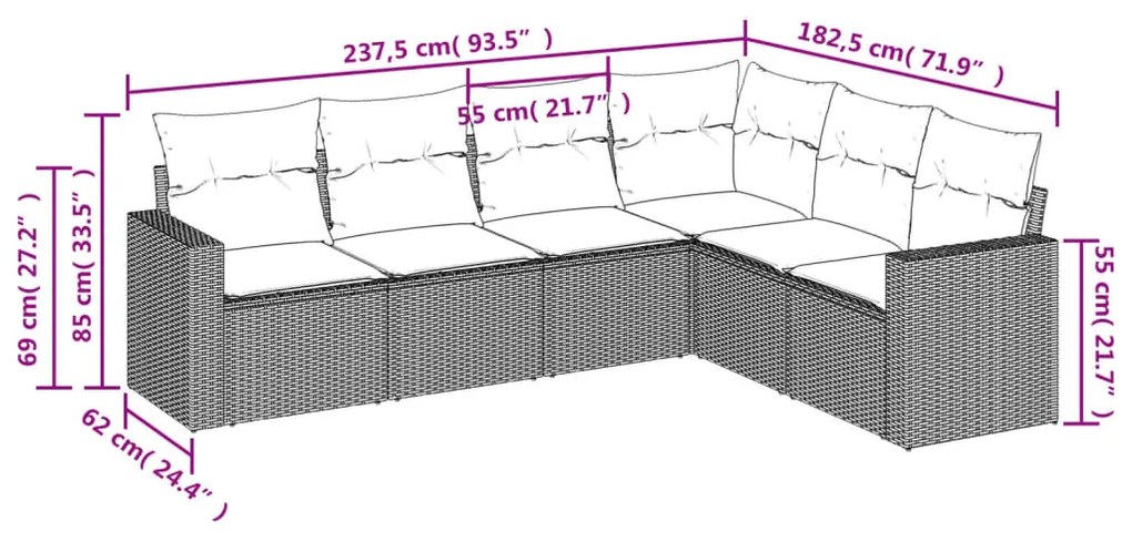 Set divano da giardino 6 pz con cuscini nero in polyrattan