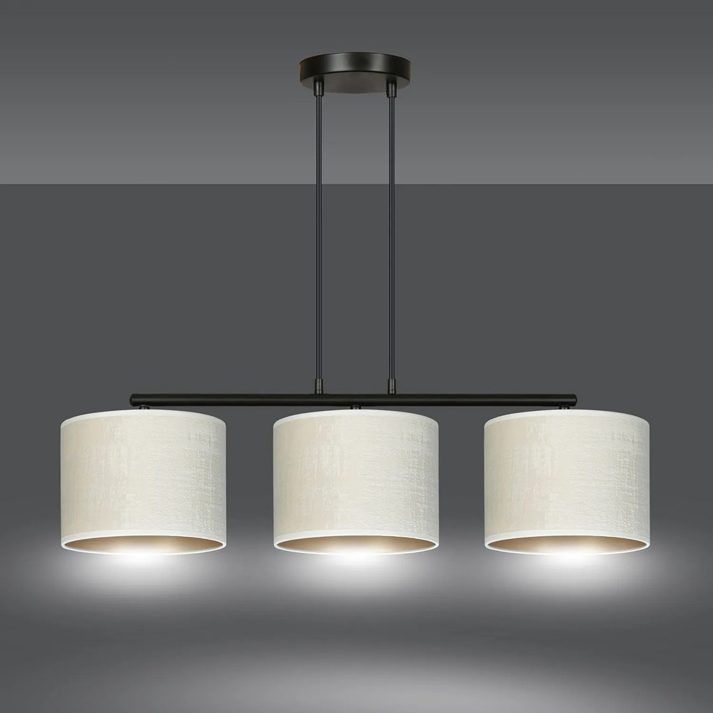 Lampadario 3 Luci Ganesha In Acciaio Nero E Paralumi In Tessuto Beige