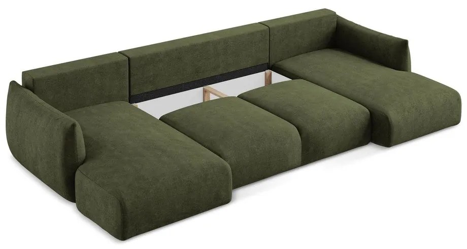 Divano angolare verde allungabile (a U) con rivestimento in ciniglia Leila – Makamii