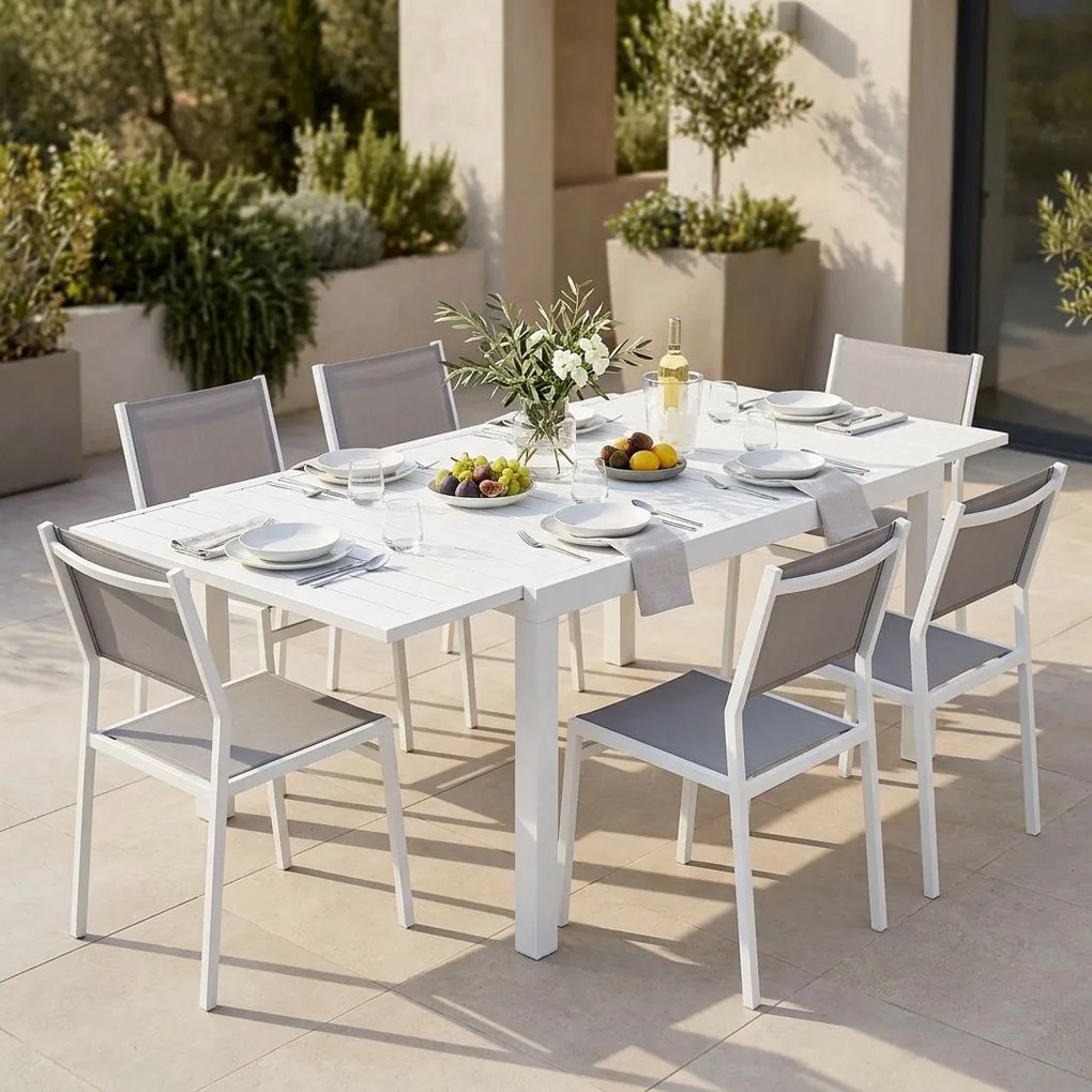 DEXTER - set tavolo in alluminio cm 160/240 x 90 x 75 h con 6 sedie Aulus