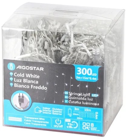 Aigostar - Catena luminosa LED da esterno 300 LED/8 funzioni 15x0,4 m IP44 bianco freddo