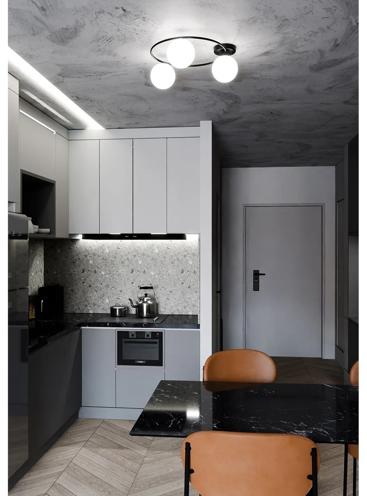 Plafoniera Minimal 3 Luci Perseo In Acciaio Nero E Sfere In Vetro Bianco