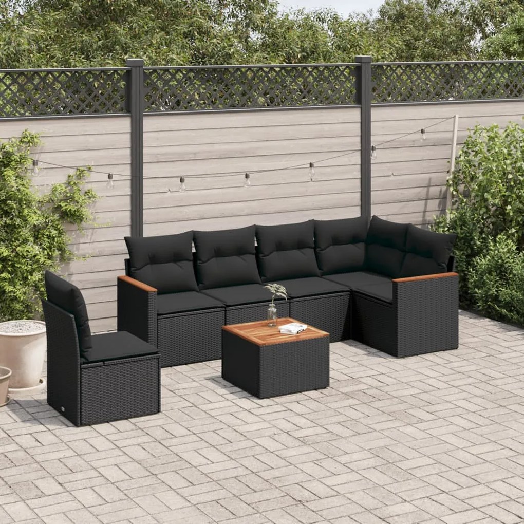 Set Divani da Giardino con Cuscini 7pz Nero Polyrattan