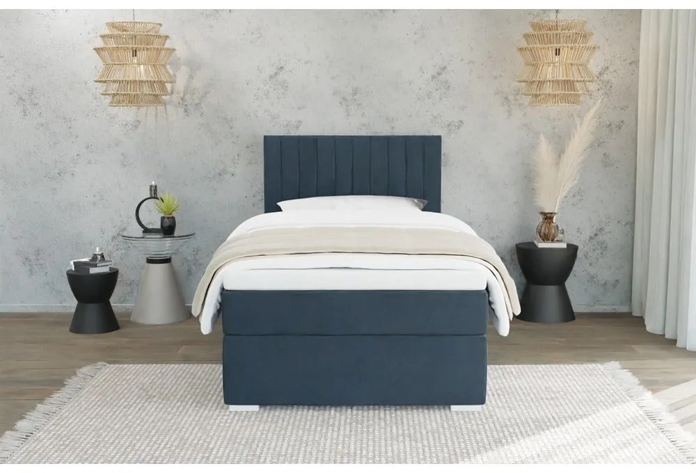 Letto singolo imbottito con contenitore blu scuro con materasso e topper inclusi 90x200 cm Bunny – Ropez