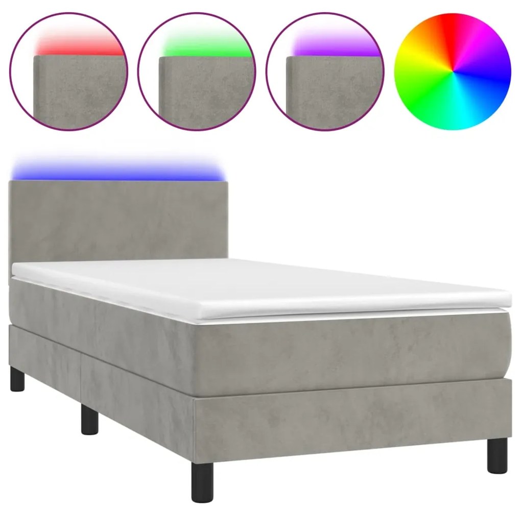 Letto a molle materasso e led grigio chiaro 90x190 cm velluto