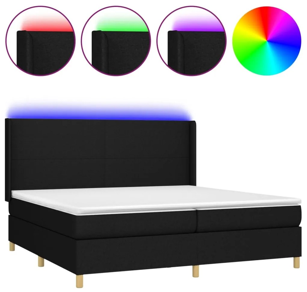 Letto a molle materasso e led nero 200x200cm in tessuto