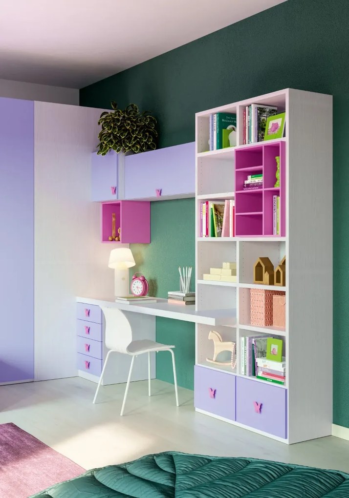 Cameretta completa doppia Capy linea Colorfull finitura Nuvola Frassino, Ciclamino e Malva