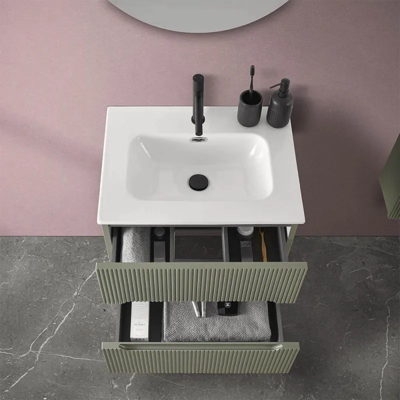 Mobile bagno sospeso cannettato 60 cm verde con specchio   Bali