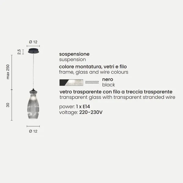 Lampada sospensione D12 cm in vetro soffiato Trasparente - MADAGASCAR Mod3