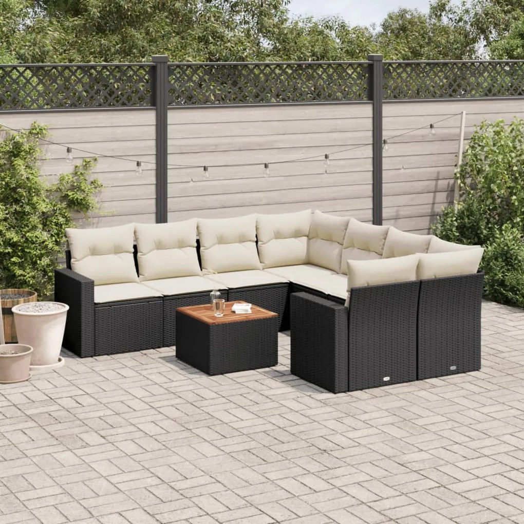 Set divani da giardino 9 pz con cuscini nero in polyrattan