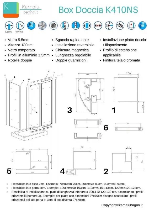 Kamalu - cabina doccia 120x70 cm vetro trasparente altezza 180cm k410ns