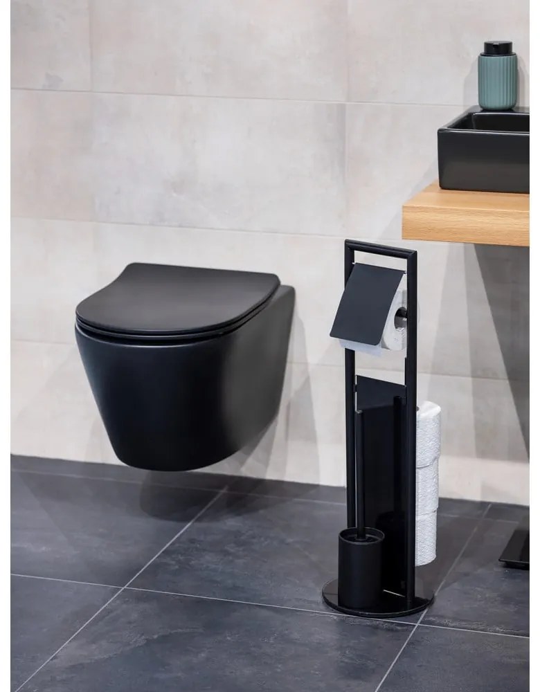 Porta carta igienica nero opaco in acciaio inox con supporto con spazzola Ravina – Wenko