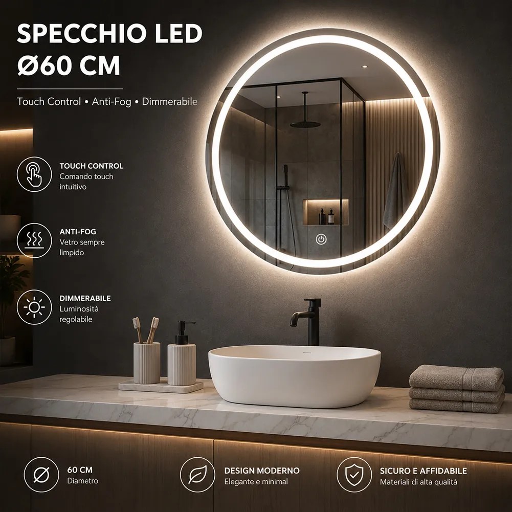 Specchio Rotondo Ø70 cm con LED a 3 Colori Dimmerabile Accensione Touch...