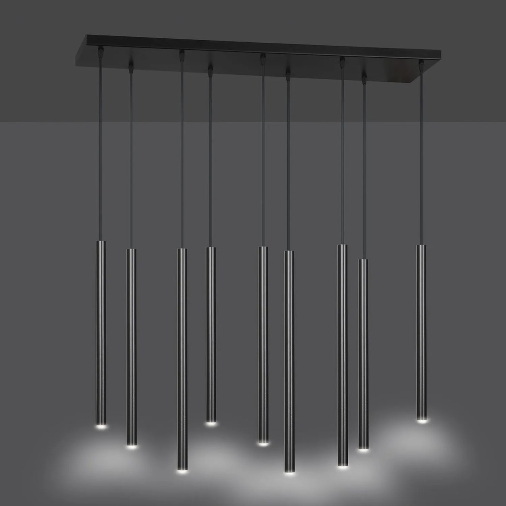 Lampadario 9 Luci Moderno Shu Acciaio Nero E Paralumi A Cilindri Sottili