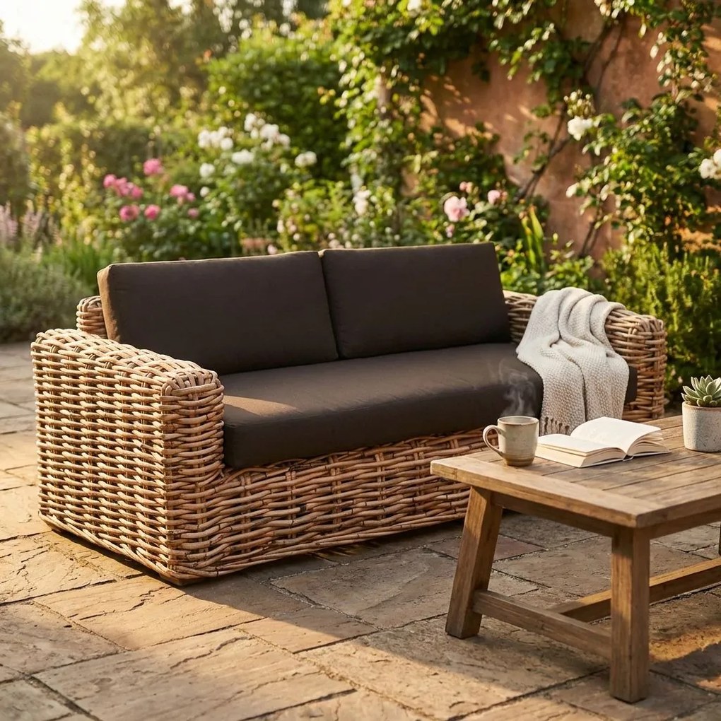 ROSEUS - divano da giardino 2 posti completo di cuscino intreccio in rattan naturale