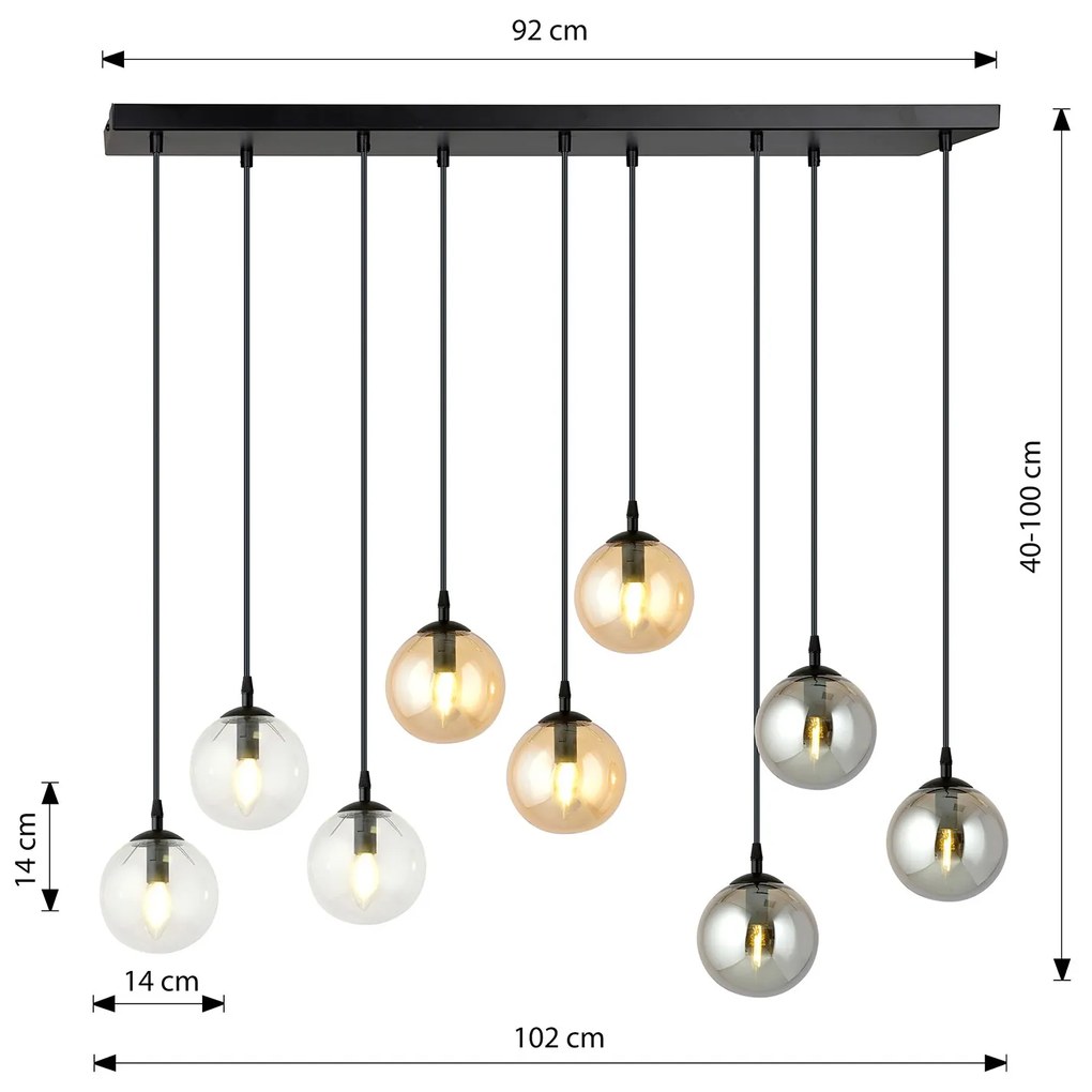 Sospensione Moderna 9 Luci Kali In Acciaio Nero E Sfere In Vetro Multicolor