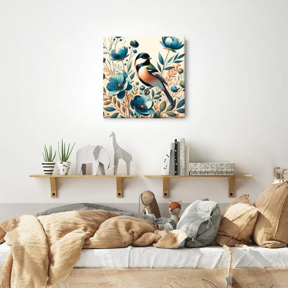 Quadro su tela – Cinciarella nel giardino fiorito