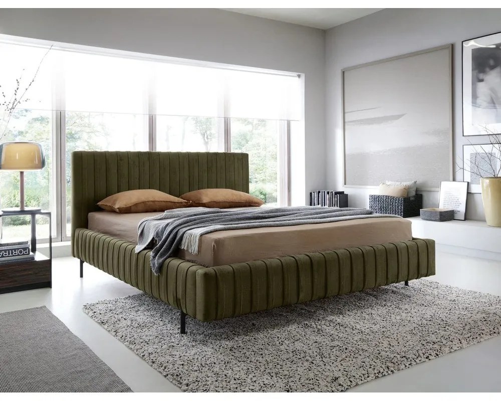 Letto matrimoniale imbottito verde con contenitore e rete inclusi 140x200 cm Plissa – ELTAP