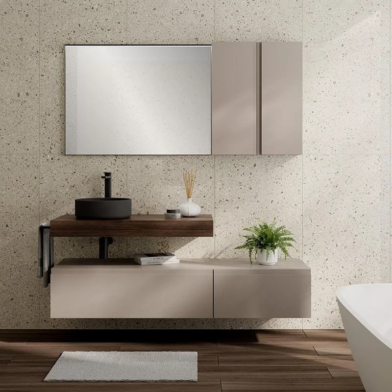 MOBILE L100 H55 P45 in laminato ROVERE COTTO con TOP GRES CALACATTA base con 2 cassetti a chiusura ammortizzata, con maniglia in alluminio cromato,piedini non inclusi