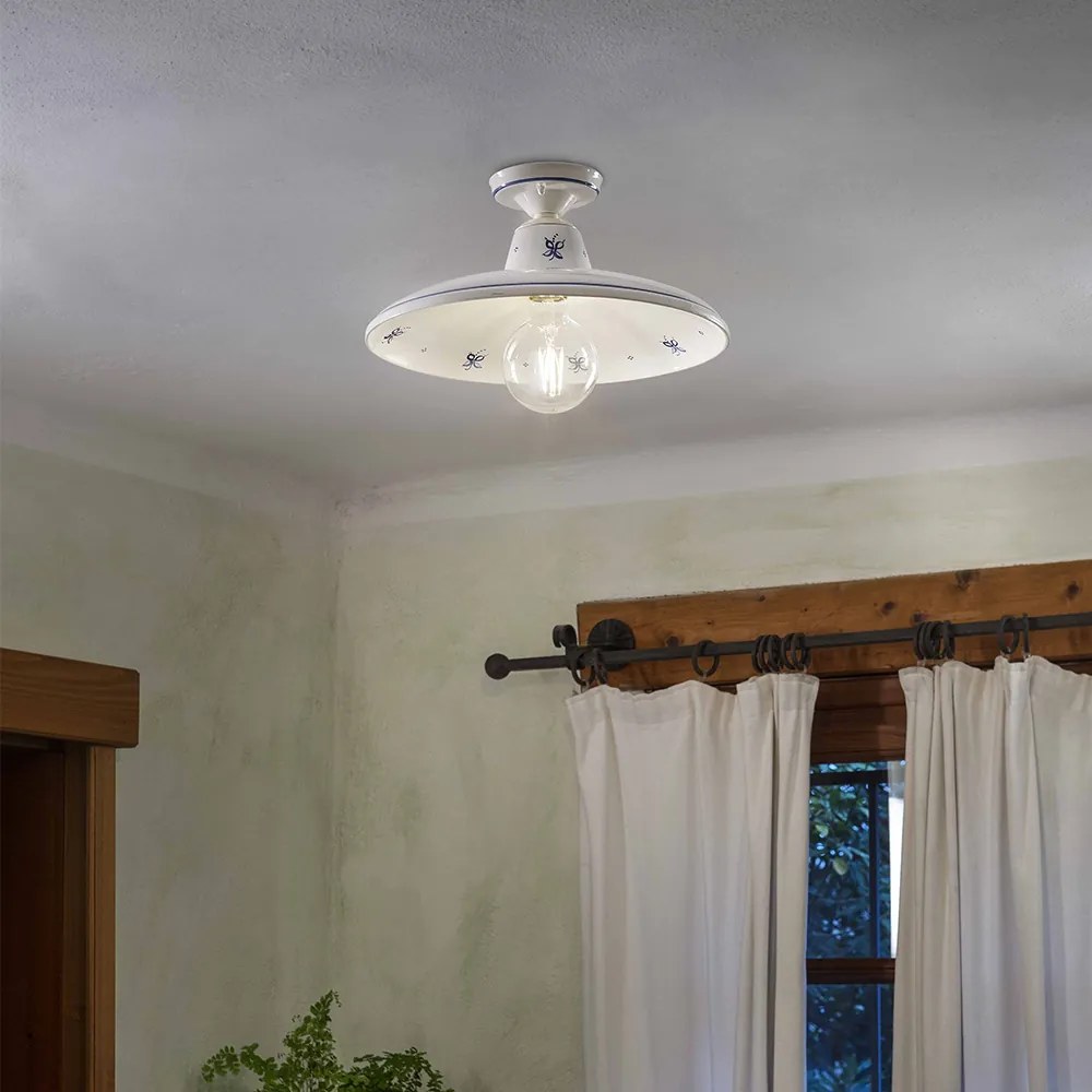 Plafoniera Classica Como Ceramica Bianco Decorato Filo Blu 1 Luce E27