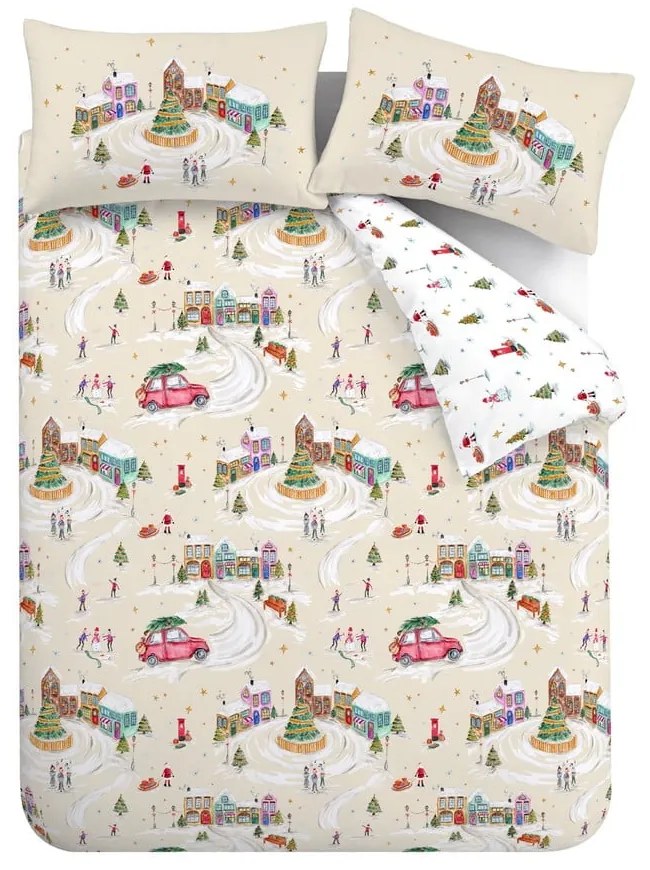 Set copripiumino e federa bianco e beige per letto matrimoniale e per letto esteso 230x220 cm Christmas Town – Catherine Lansfield