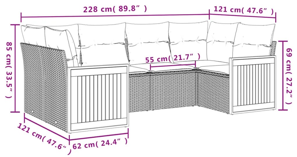 Set divano da giardino 6 pz con cuscini nero in polyrattan