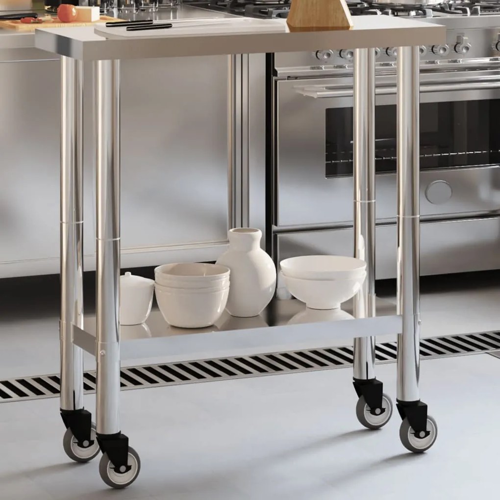Tavolo Da Lavoro Cucina Con Ruote 82,5x30x85 Cm İn Acciaio Inox /