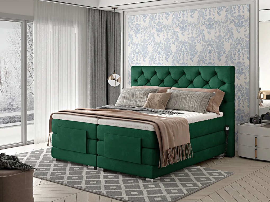 Letto motorizzato matrimoniale boxspring Manhattan - 180 x 200 cm , Tessuto verde