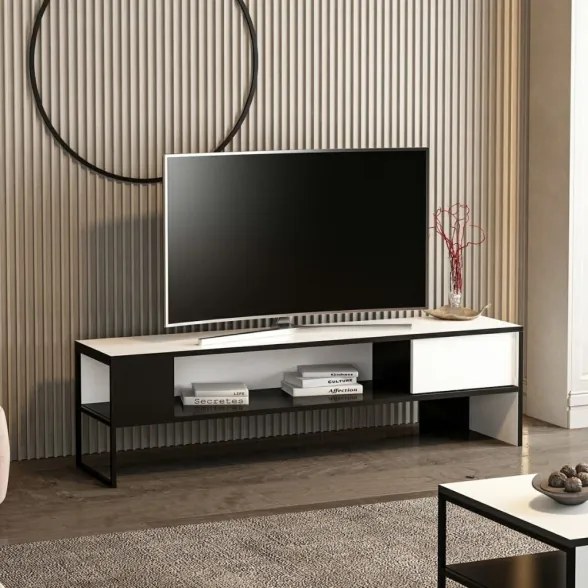 Mobile Porta TV 150x35x42 Con Anta E Vano A Giorno Concord Bianco E Nero