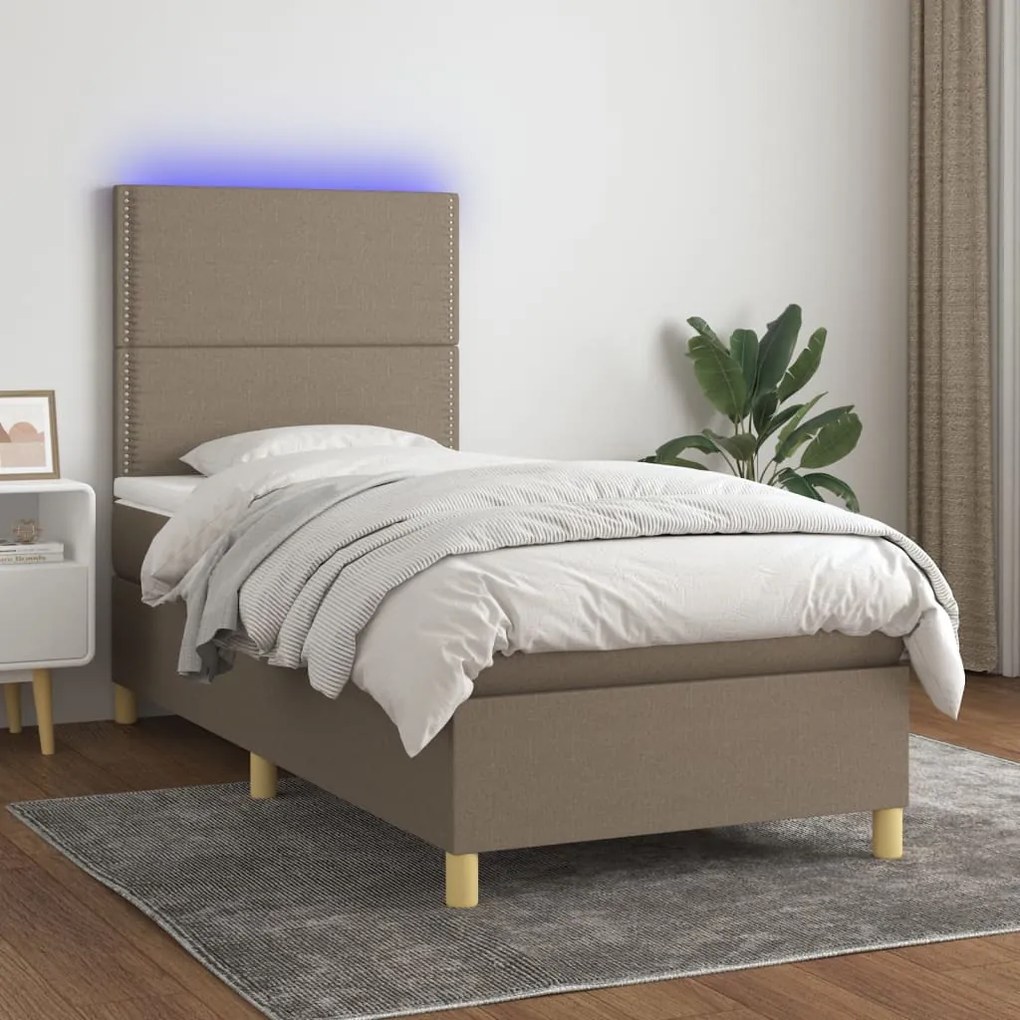 Letto a molle con materasso e led tortora 80x200 cm in tessuto